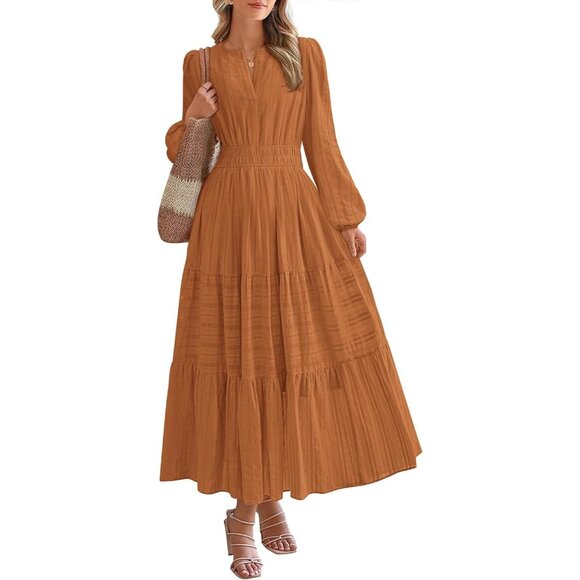 Dresses & Skirts - Women Brown Orange Long Sleeve V Neck Elastic Waist Maxi Dress With Pockets